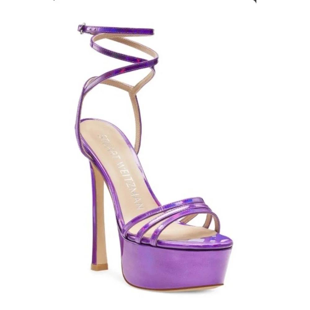 Stuart Weitzman Skyhigh 145 Purple Holographic Strappy Platform Sandal NWOT 8.5